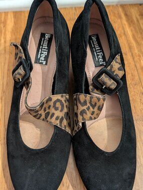 BeautiFeel Black Suede Wedge Mary-Jane Pump with Leopard Pattern Strap, size 38